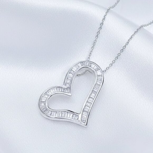 Source Unknown Jewelry - Open Heart Simulated Baguette Moissanite Silver Pendant Necklace NWOT